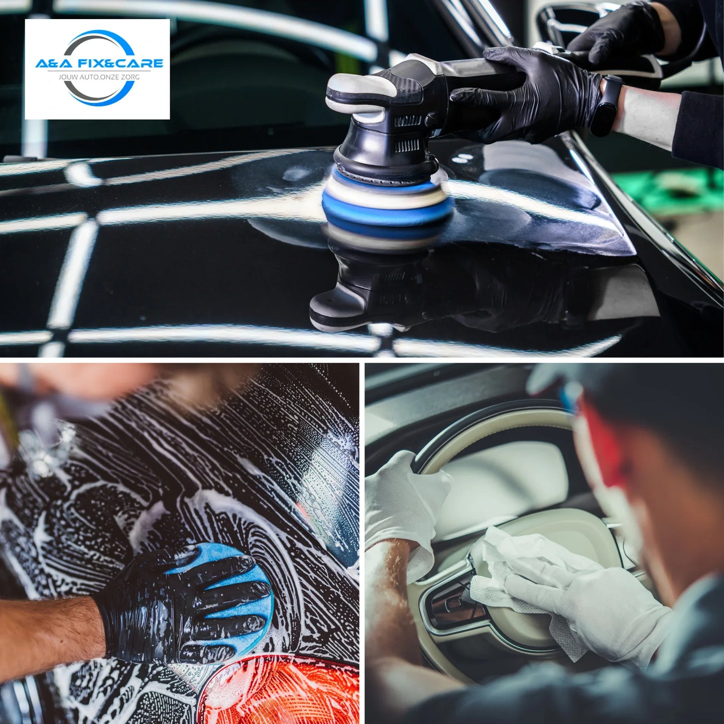 Professionele autopoetsers met polijstmachine, handwas en interieurreiniging - A&A Fix&Care