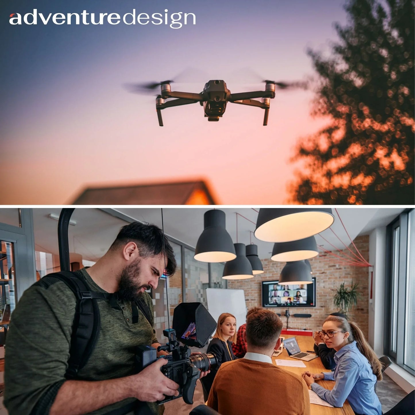 Drone vliegen bij zonsondergang en videoproductie team in moderne kantoorruimte