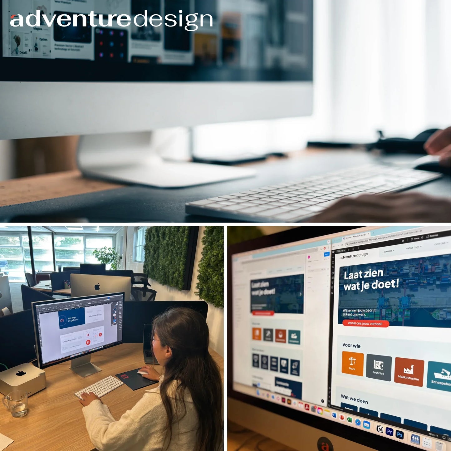 Adventuredesign logo en branding op schermen, vrouw werkt aan grafisch ontwerp in modern kantoor