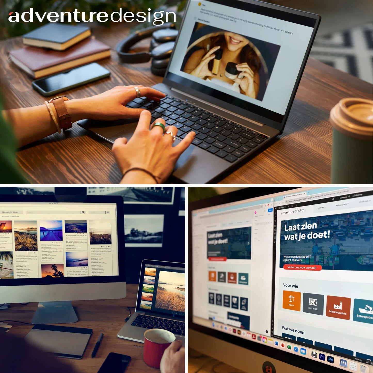 Collage van hands-on laptopgebruik en schermen met webdesign en digitale content op houten bureau