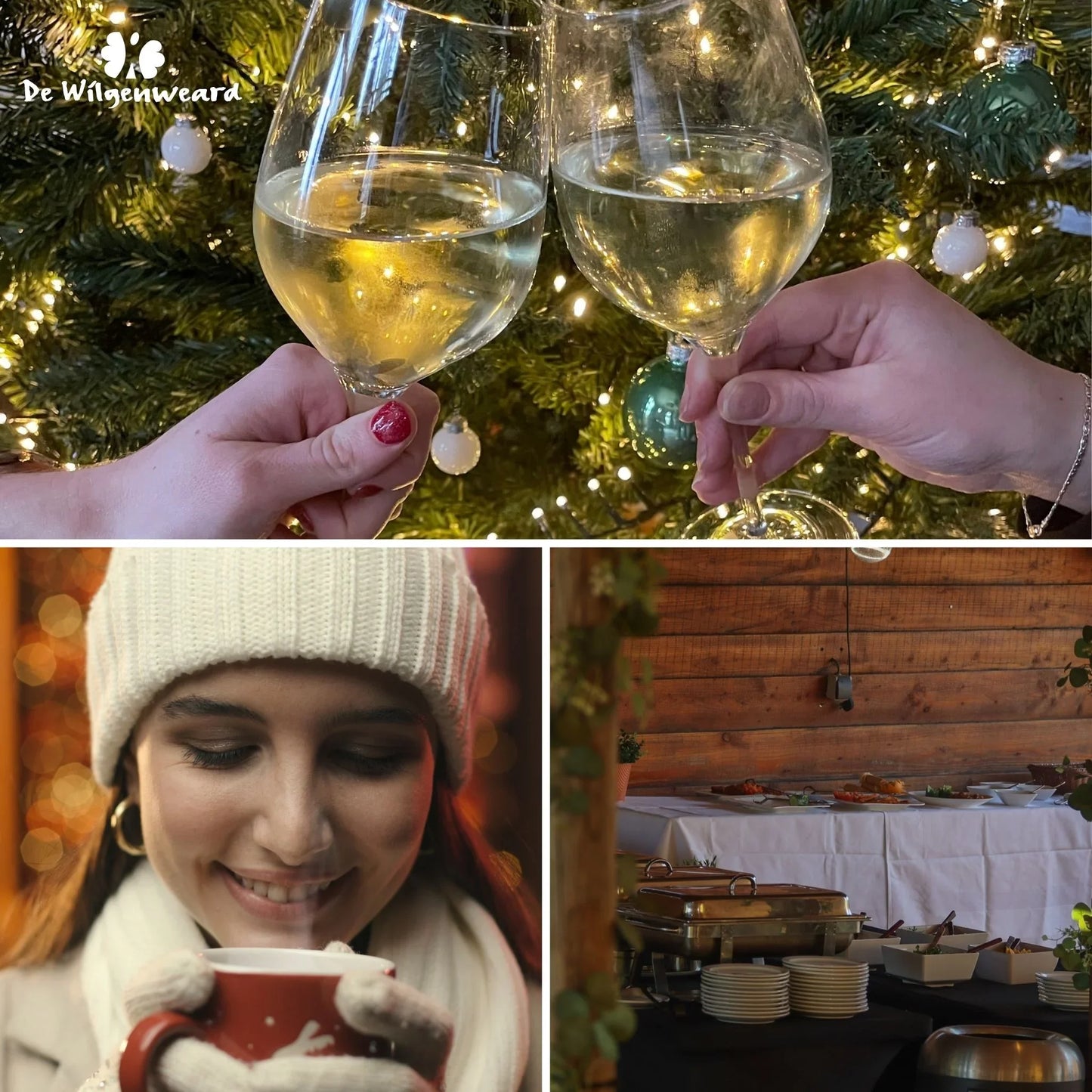 Kerstborrel met witte wijn, vrouw met warme muts en handschoenen geniet van warme drank, buffet met hapjes