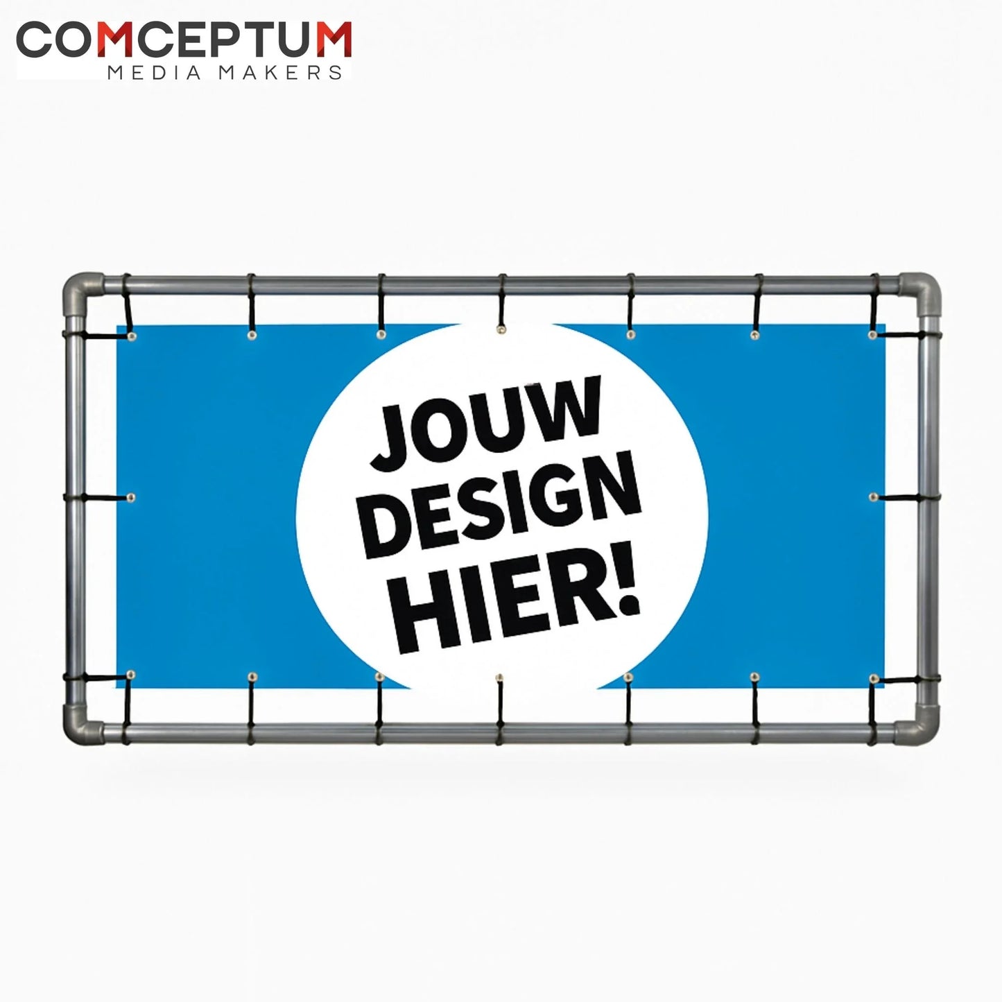 Comceptum Media Makers banner met blauwe achtergrond en tekst 'Jouw design hier!' in witte cirkel