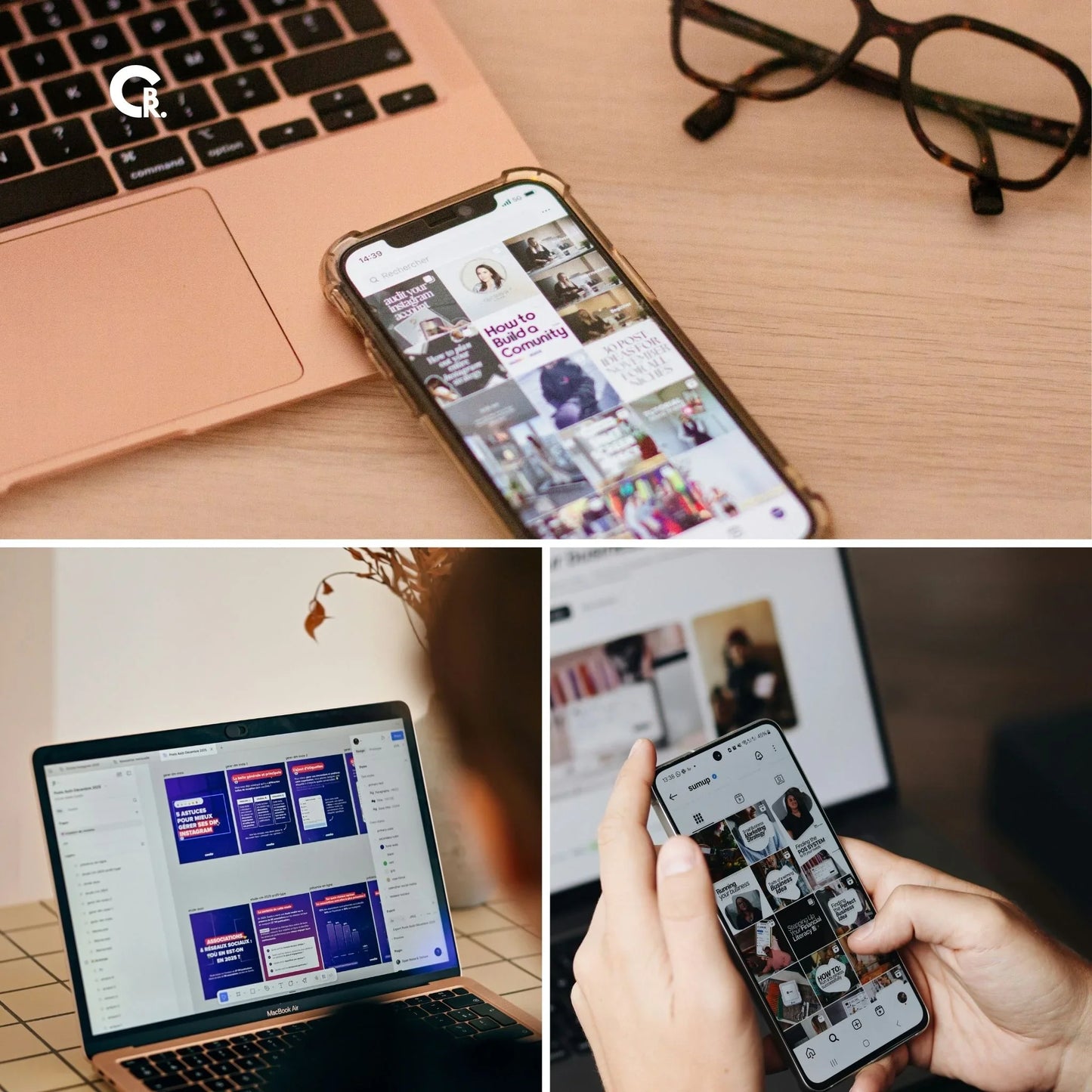 Mobiele en laptop schermen met social media en marketing content, bril op houten bureau