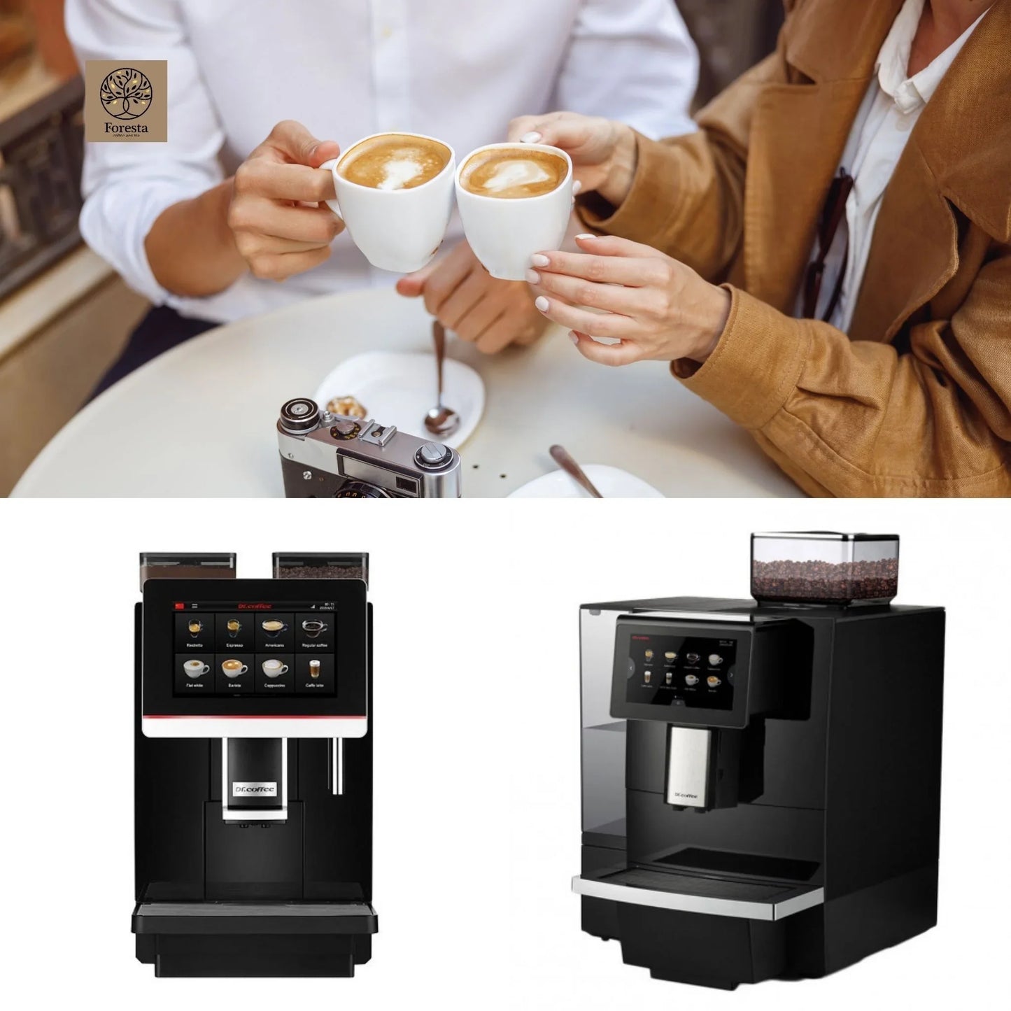Twee mensen proosten met cappuccino's aan tafel, moderne Dr. Coffee koffiemachines en Foresta logo