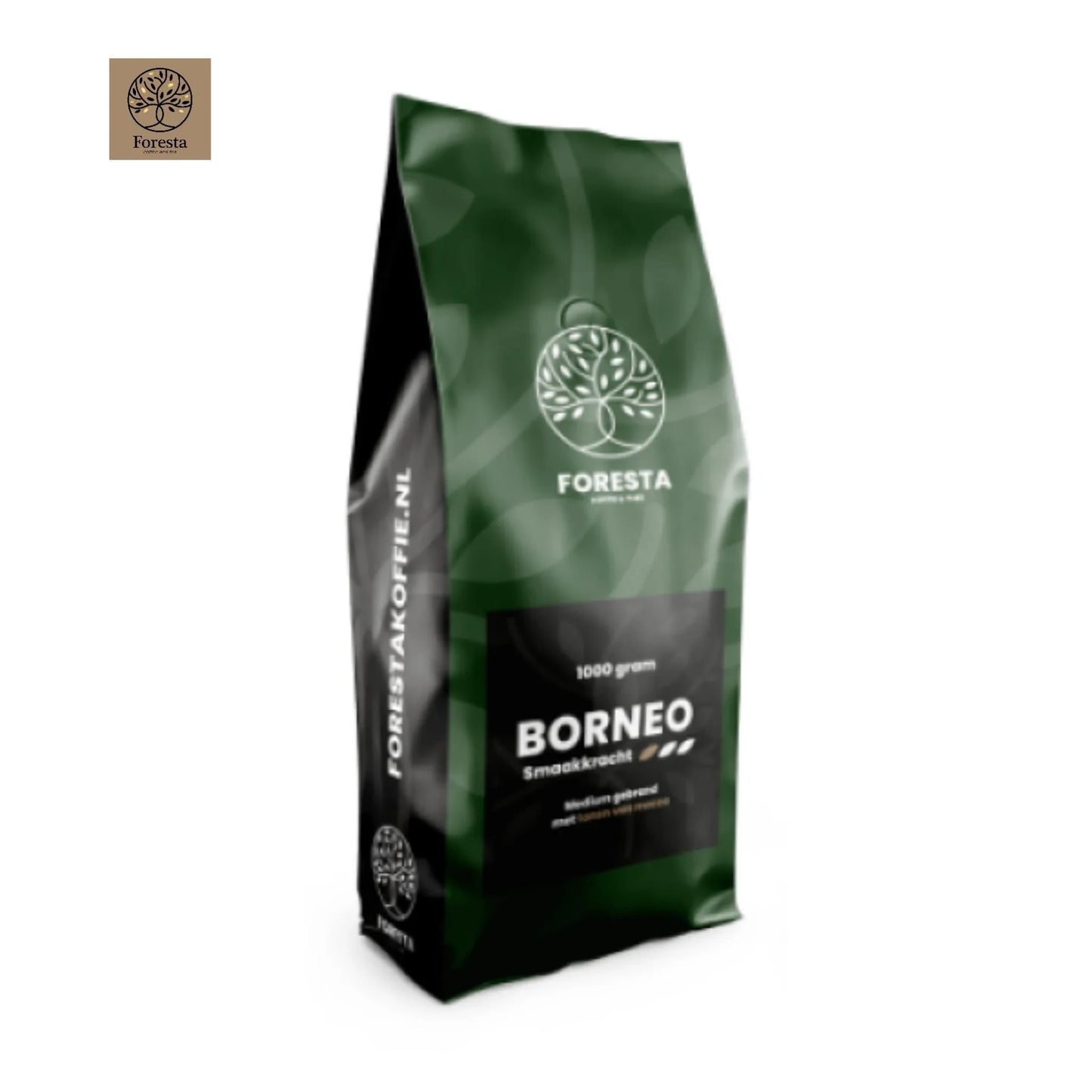 Foresta Borneo koffiebonen 1000 gram medium gebrand in groene verpakking