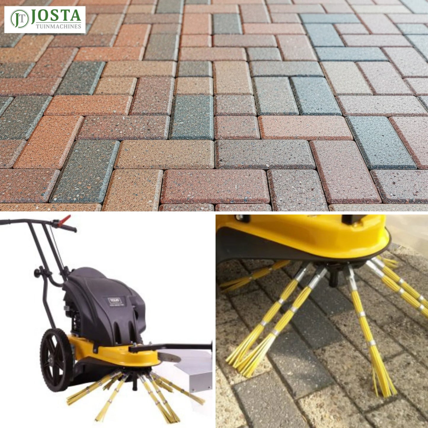 Josta logo met gekleurde straatstenen en gele veegmachine voor zakelijke reiniging