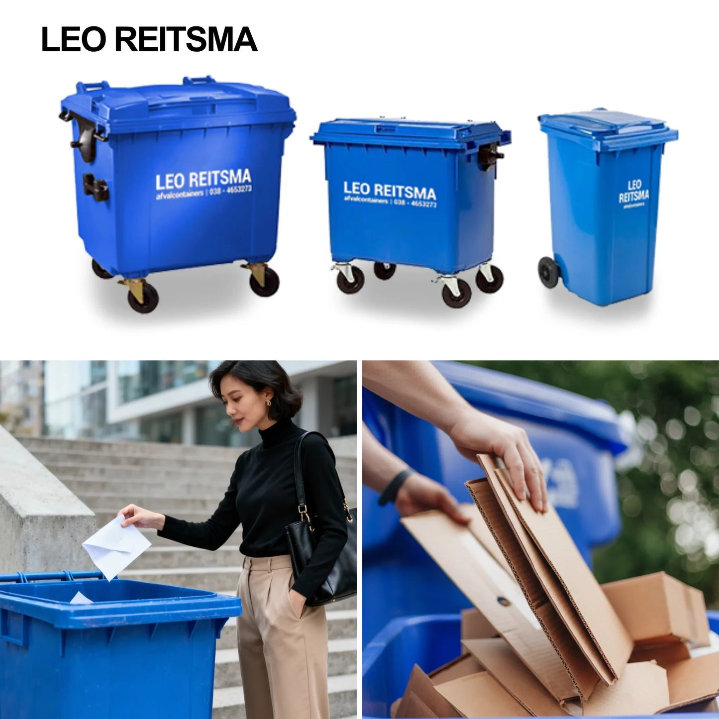 Drie blauwe afvalcontainers van Leo Reitsma en mensen die papier en karton in de containers weggooien