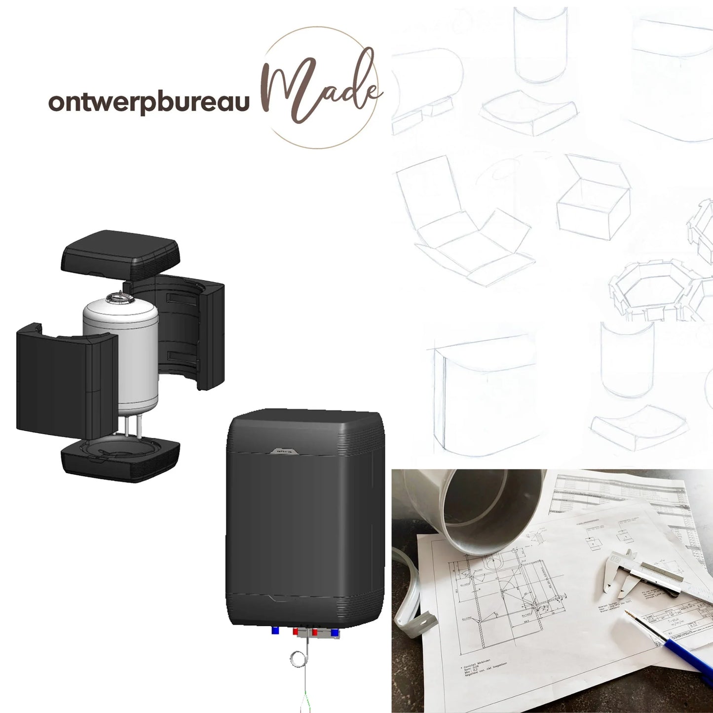 Ontwerpbureau Made technische ontwerptekeningen en 3D model van verpakkingsontwerp met schetsen