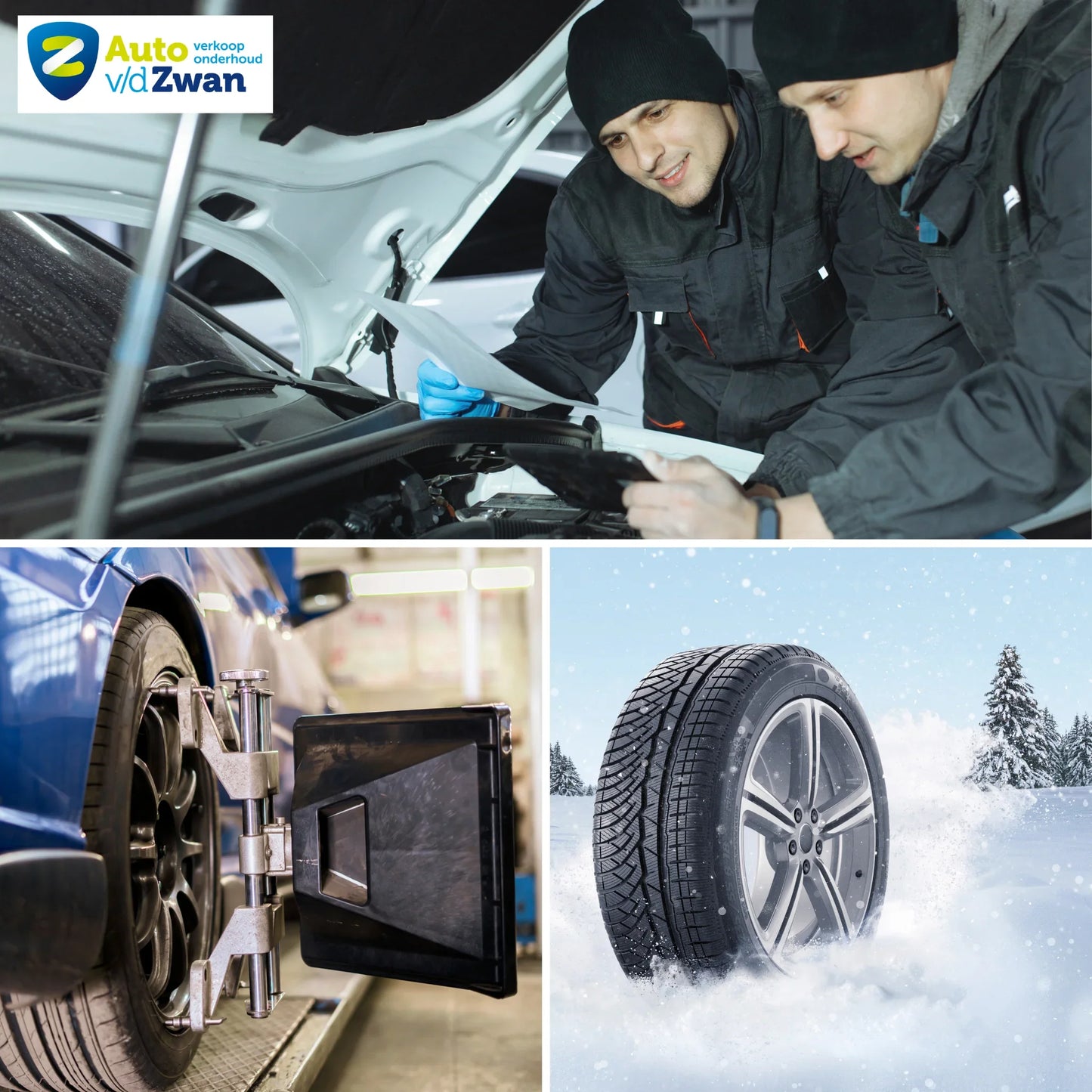 Autoservice v/d Zwan met monteurs, wieluitlijning apparaat bij blauwe auto en winterband in sneeuw