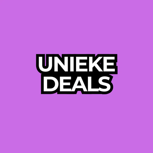 Witte tekst 'UNIEKE DEALS' in vetgedrukt op een paarse achtergrond
