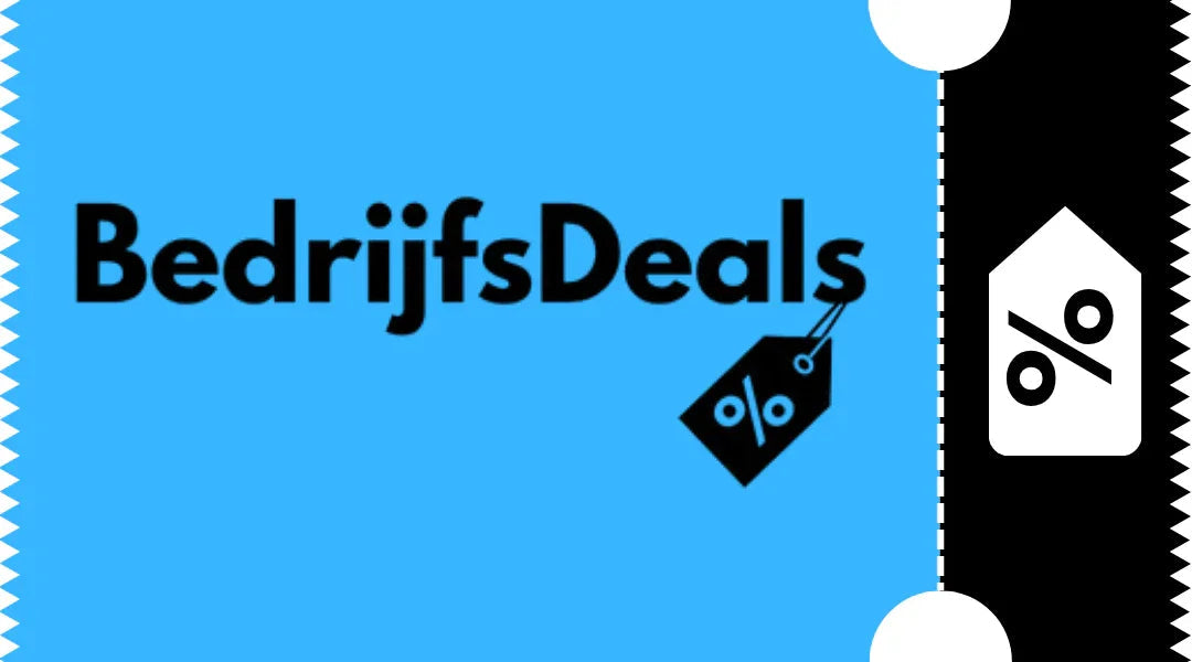 Logo BedrijfsDeals op blauwe achtergrond met zwarte kortingslabel en wit procentteken