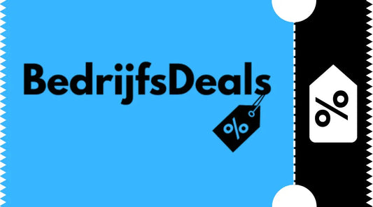 Logo BedrijfsDeals op blauwe achtergrond met zwarte kortingslabel en wit procentteken