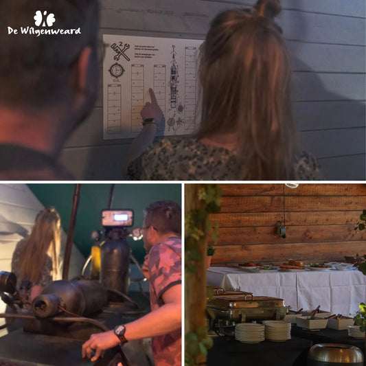 Bezoekers bij een interactieve escaperoom activiteit en een buffettafel met warme schotels en gerechten bij De Wilgenweard