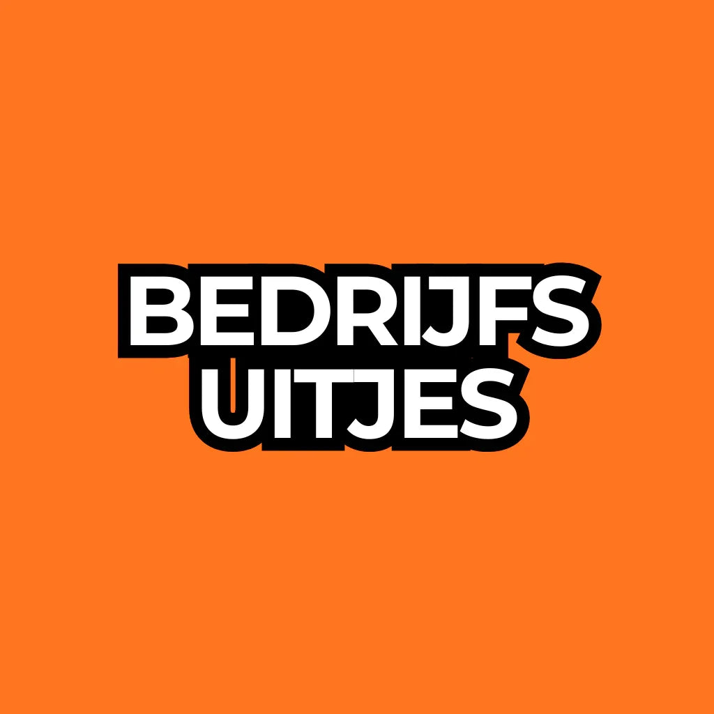 Oranje achtergrond met wit en zwart tekst Bedrijfsuitjes, zakelijke evenementen banner