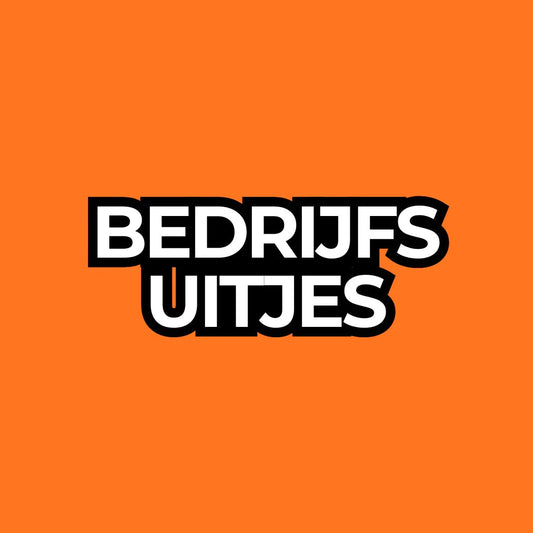 Oranje achtergrond met wit en zwart tekst Bedrijfsuitjes, zakelijke evenementen banner