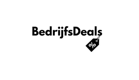 Logo BedrijfsDeals met zwarte tekst en percentagekorting label op witte achtergrond