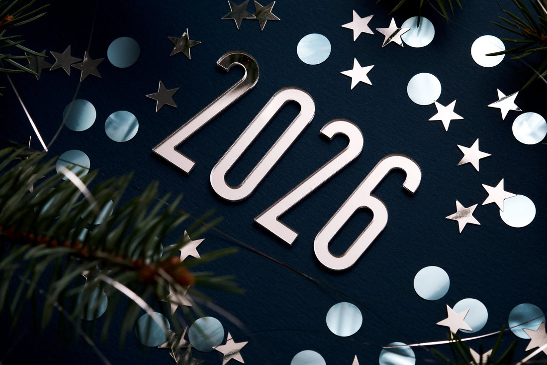 2026 glanzende zilveren cijfers op donkerblauwe achtergrond met sterren en dennentakken