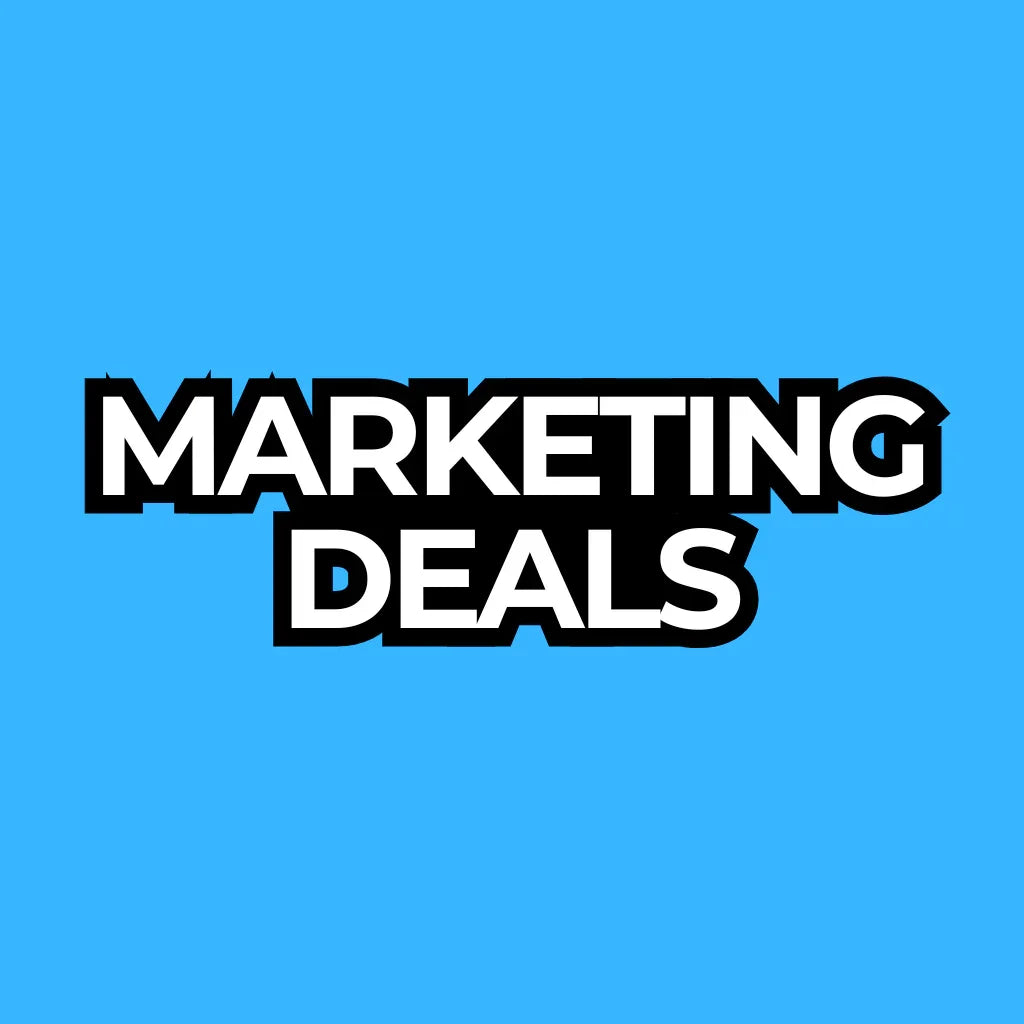 Witte tekst 'MARKETING DEALS' met zwarte omlijning op felblauwe achtergrond