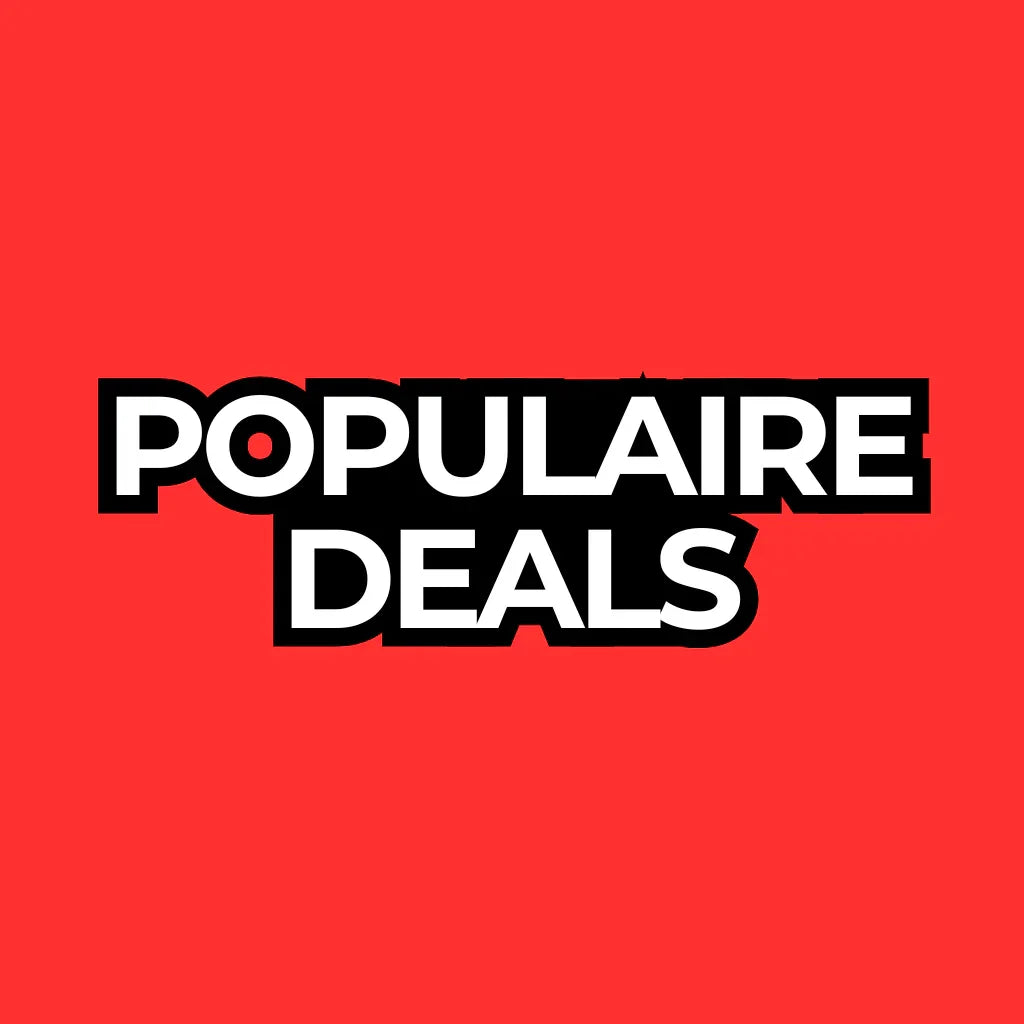 Rode achtergrond met witte tekst Populaire Deals in zwart omlijnd voor promoties