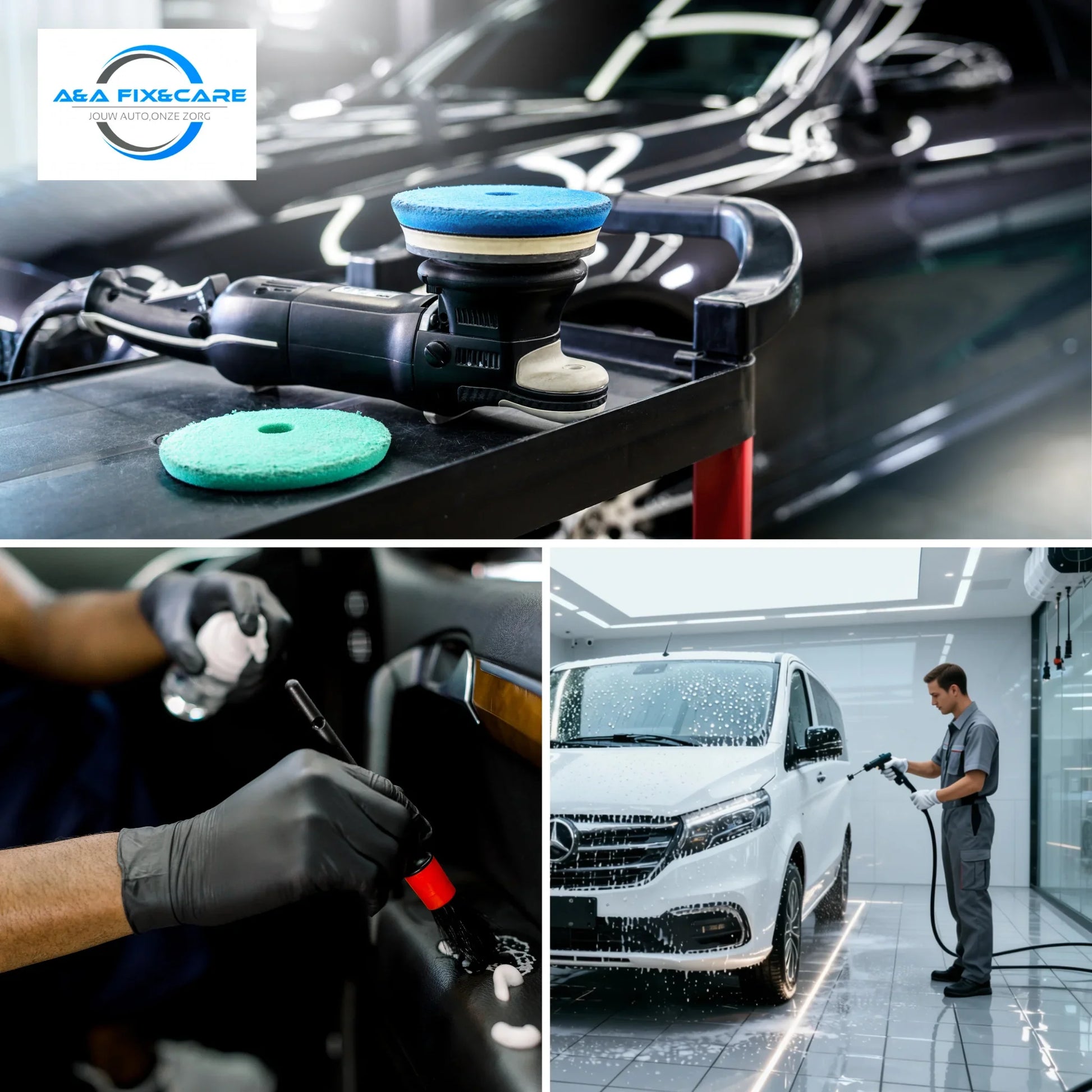 A&A Fix&Care logo en collage van autopoetsen met polijstmachine, interieurreiniging met borstel en exterieur wassen