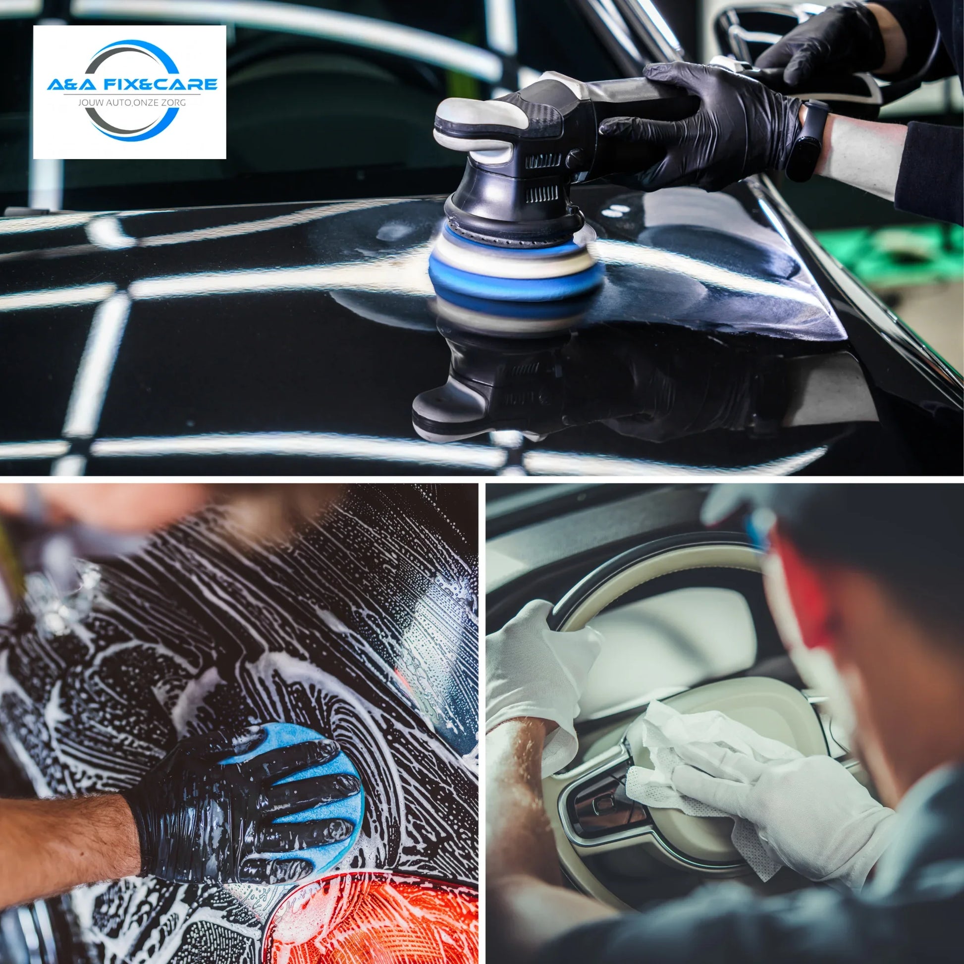Professionele autopoetsers met polijstmachine, handwas en interieurreiniging - A&A Fix&Care