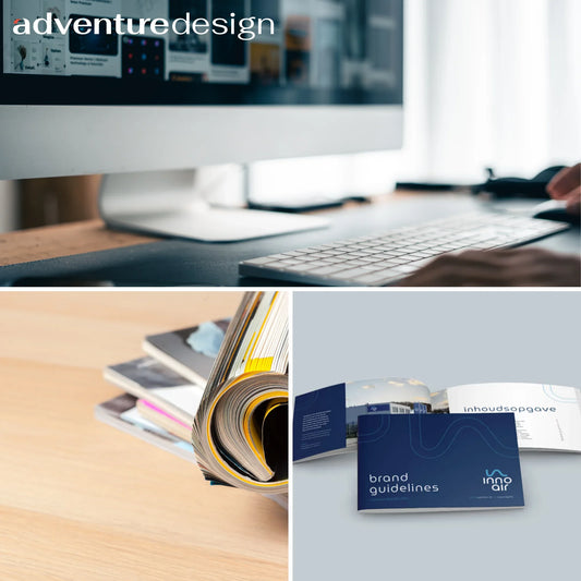 Bureau met computer en toetsenbord, stapel tijdschriften en opengeslagen brand guidelines van Inno Air