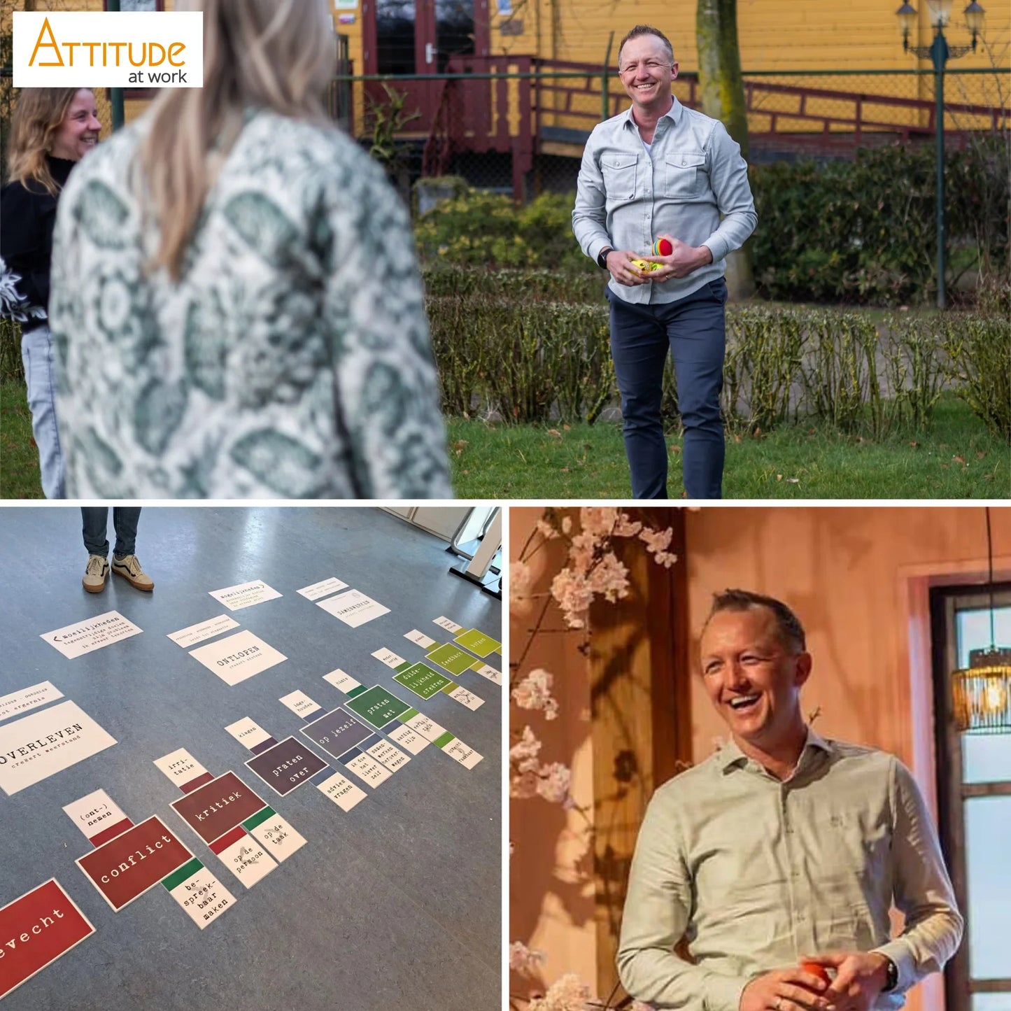 Attitude at work training met lachende man buiten en interactieve kaarten voor conflict- en communicatievaardigheden