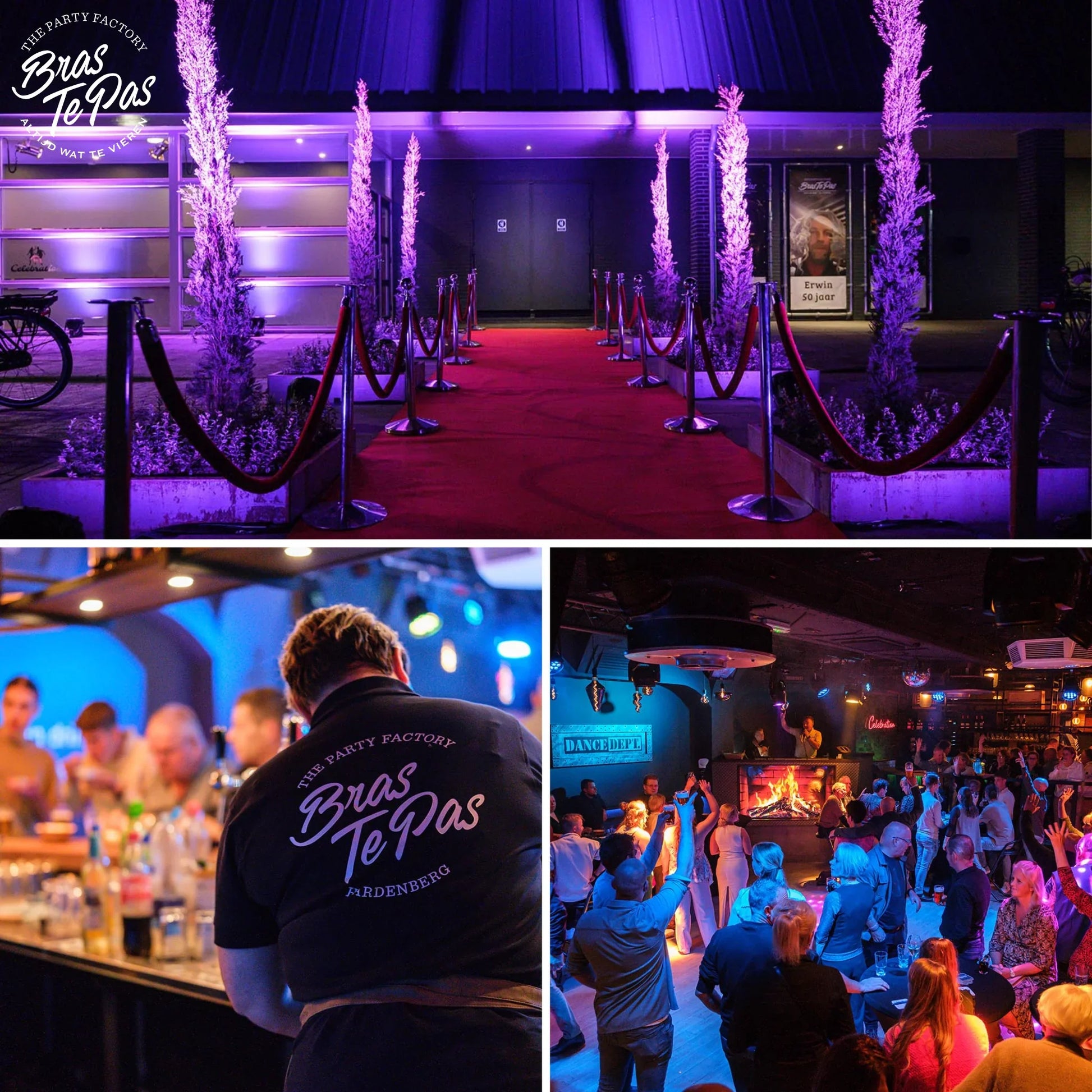 Bras Te Pas feestlocatie met rode loper, barmedewerker en drukke dansvloer in Padenberg