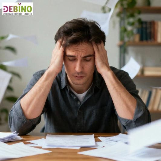 Gestreste man met handen op hoofd te midden van vliegende papieren, logo Debinq incasso linksboven