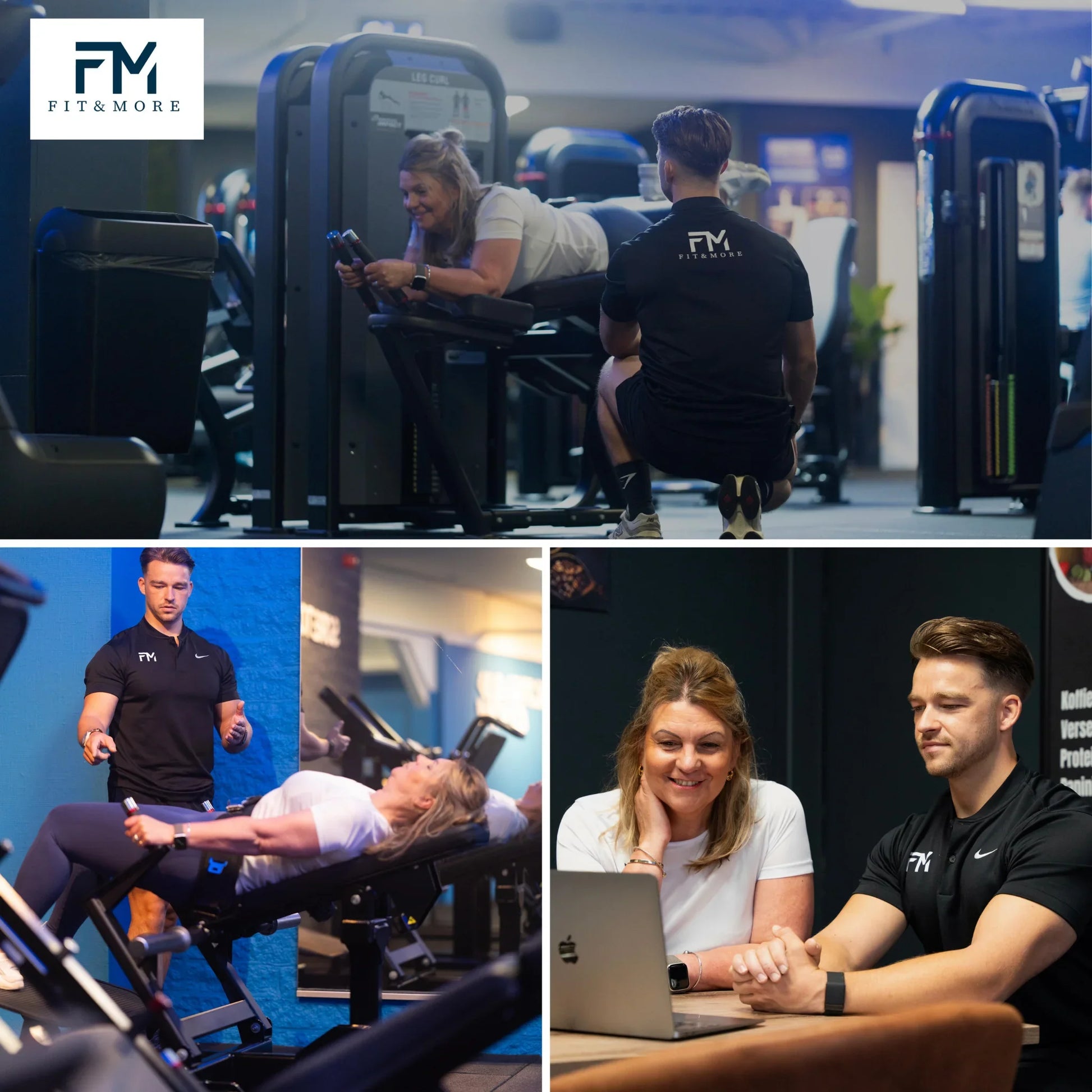 Fit & More personal trainer begeleidt vrouw bij fitnessapparaat en adviesgesprek in sportschool