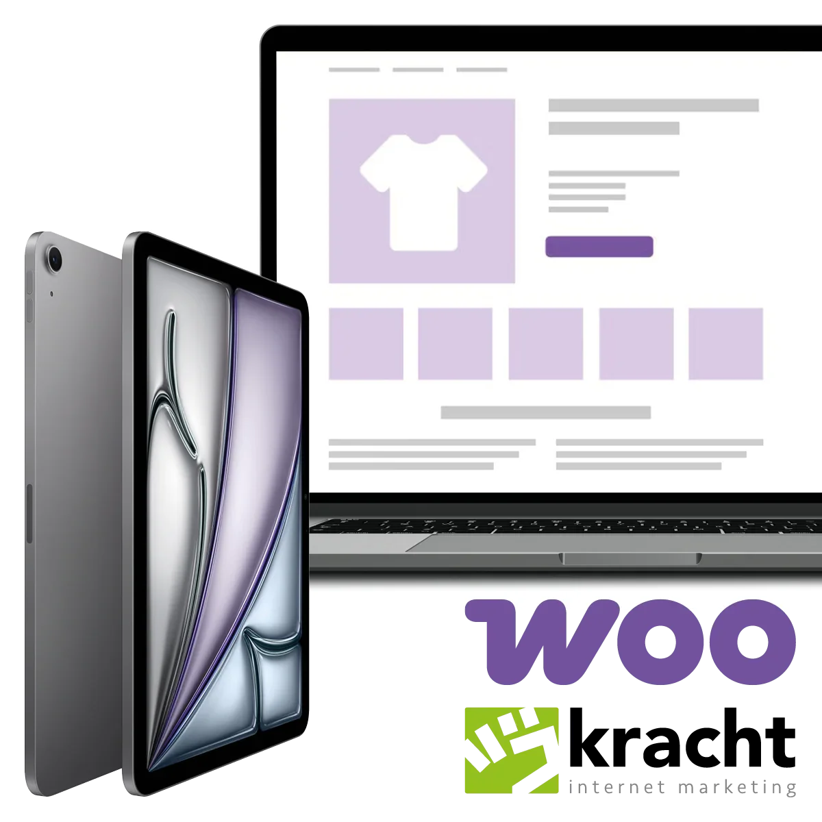 Gratis iPad actie met laptop en een online winkelpagina voor kleding op scherm