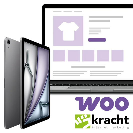 Gratis iPad actie met laptop en een online winkelpagina voor kleding op scherm