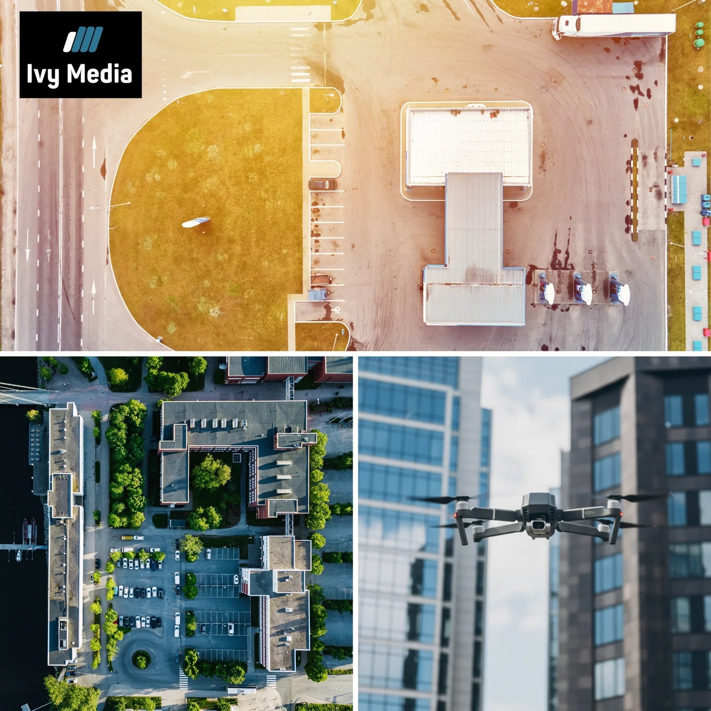 Dronebeelden van gebouwcomplexen, parkeerterreinen en een vliegende drone in stedelijke omgeving