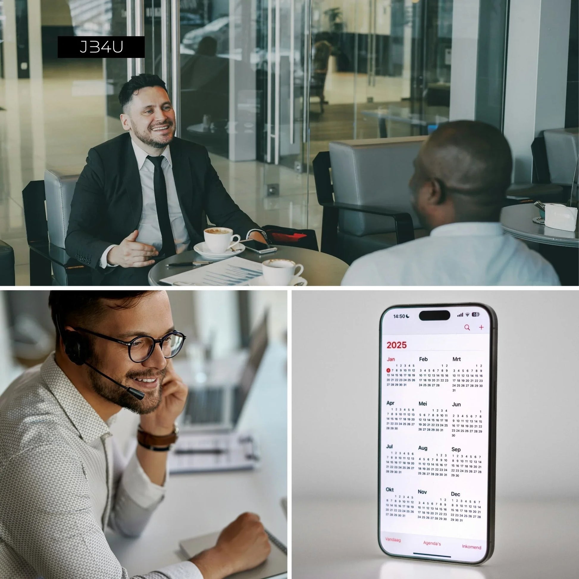 Drie zakelijke beelden: overleg met koffie, klantenservice gesprek met headset en een smartphone kalender 2025