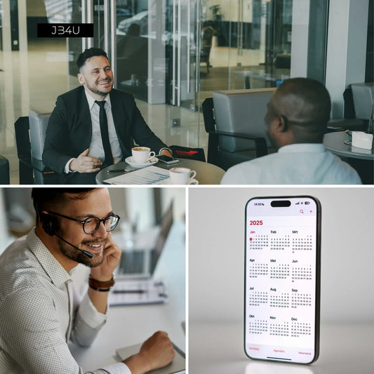 Drie zakelijke beelden: overleg met koffie, klantenservice gesprek met headset en een smartphone kalender 2025