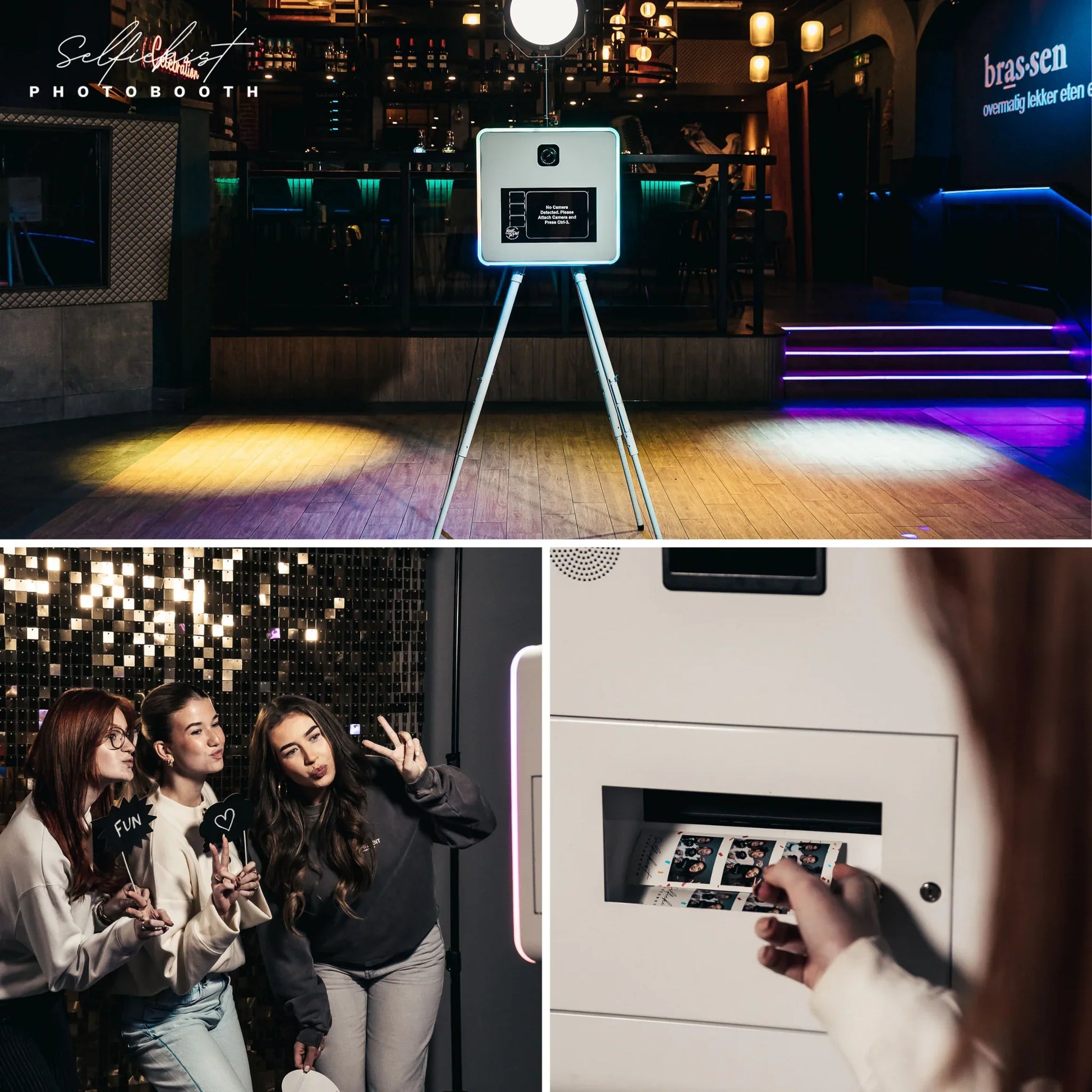 Moderne photobooth met ledlicht in sfeervolle bar, drie vrouwen maken selfie met fun borden, foto's worden geprint