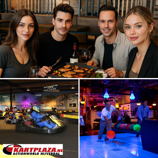 HET ULTIEME BEDRIJFSUITJE: KARTEN, BOWLEN, LASERGAMEN & TAFELGRILLEN NORMAAL € 70,75 P.P. VOOR €62,50 P.P.