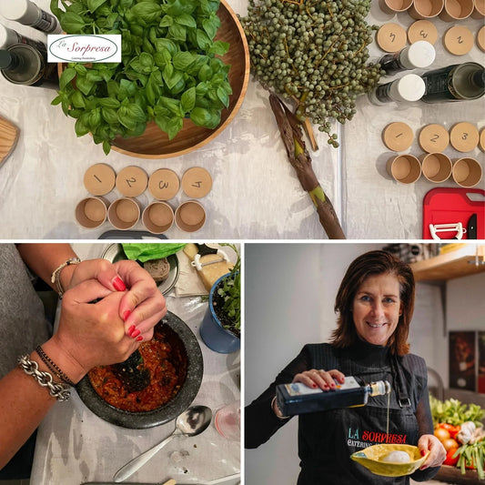 La Sorpresa catering verse ingrediënten zoals basilicum, olie en verse saus met chef die olie over gerecht giet