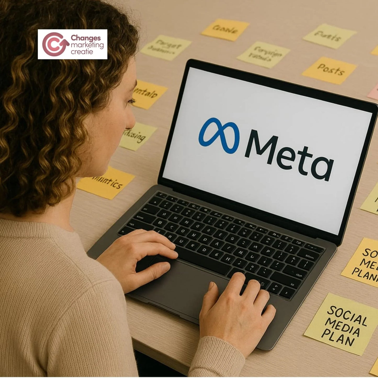 Vrouw werkt op laptop met Meta-logo, omringd door gele en roze plakkertjes met marketingtermen