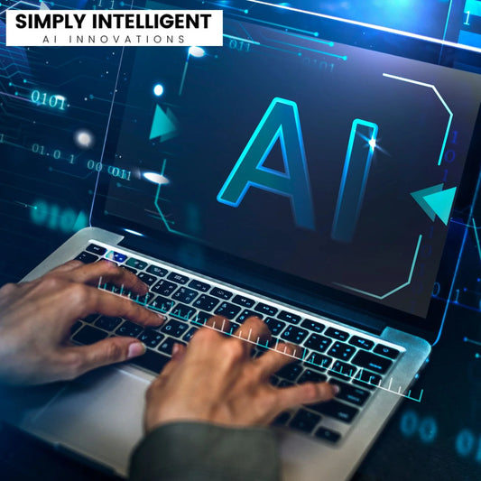 Hands typing op laptop met AI scherm en digitale interface, Simply Intelligent AI Innovaties branding