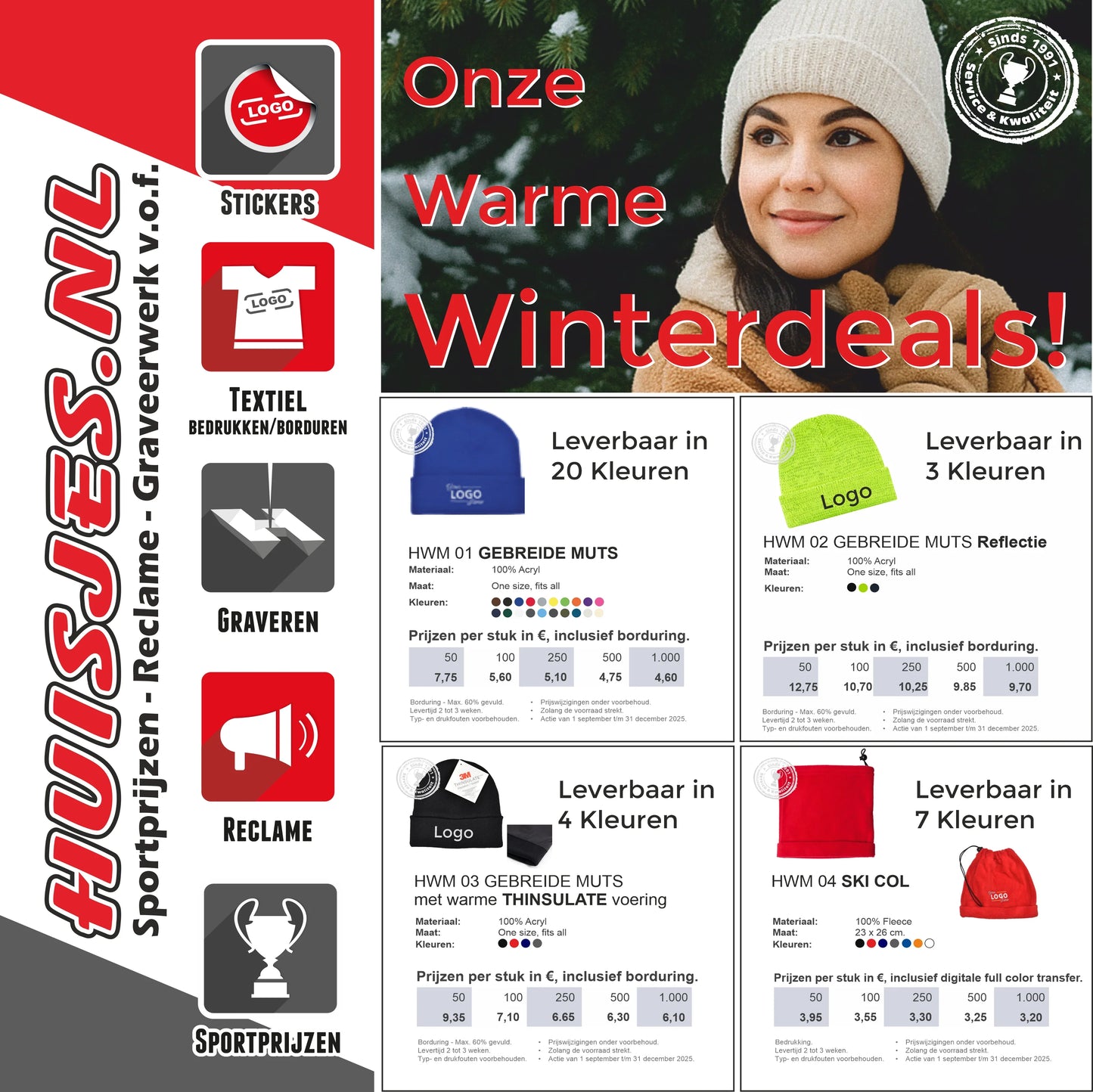 Warme winterdeals met gebreide mutsen, ski colls in diverse kleuren, inclusief bedrukken en borduren.