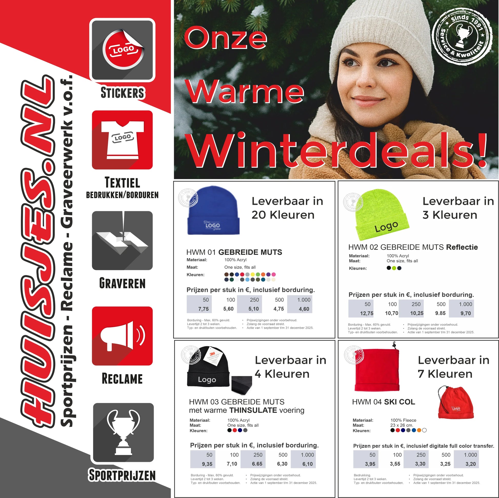Warme winterdeals met gebreide mutsen, ski colls in diverse kleuren, inclusief bedrukken en borduren.