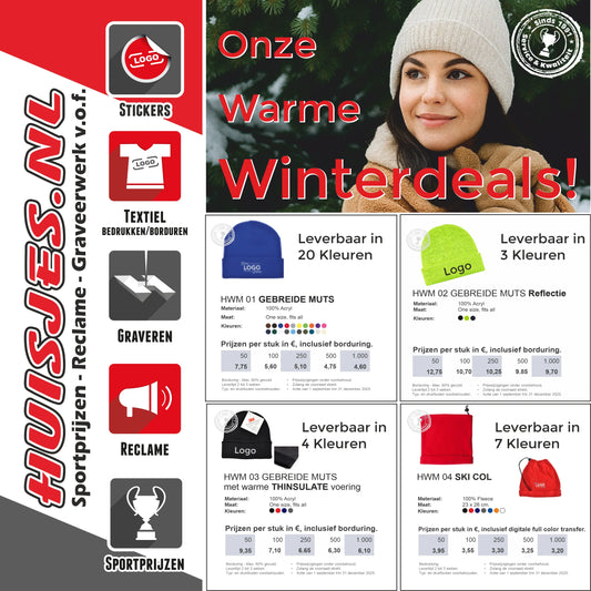 Warme winterdeals met gebreide mutsen, ski colls in diverse kleuren, inclusief bedrukken en borduren.