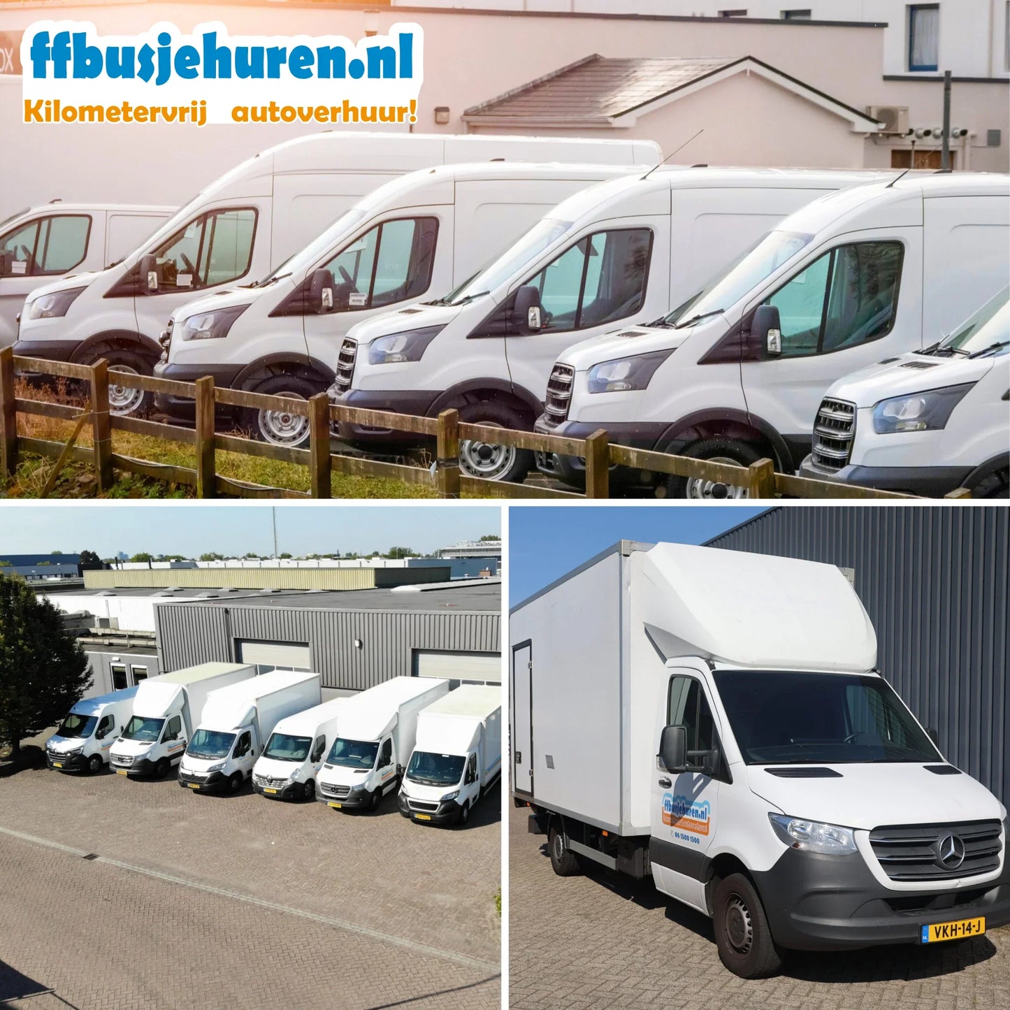 Witte bedrijfsbussen en vrachtwagens geparkeerd bij een magazijn voor ffbusjehuren.nl kilometer vrije autoverhuur