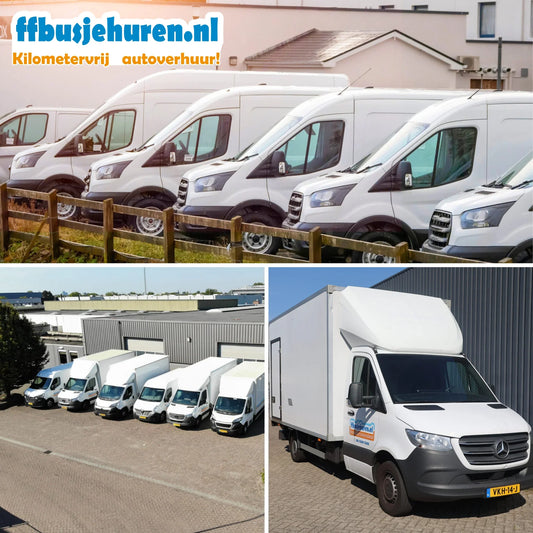 Witte bedrijfsbussen en vrachtwagens geparkeerd bij een magazijn voor ffbusjehuren.nl kilometer vrije autoverhuur